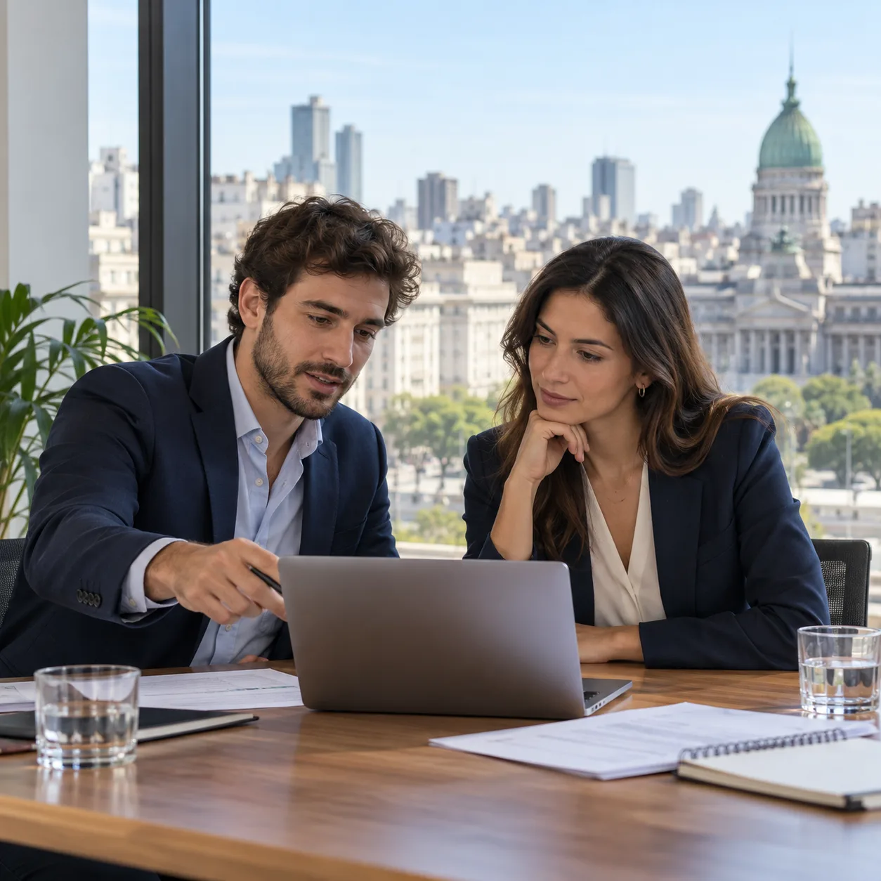 Two professionals discussing a hiring plan in a Buenos Aires office