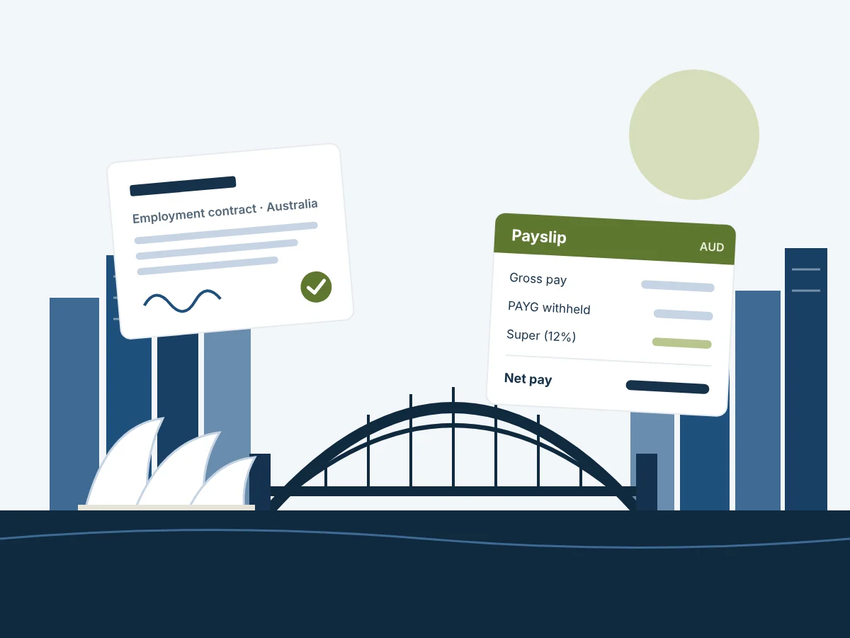 Illustrazione dello skyline di Sydney Harbour con un contratto di lavoro australiano e una busta paga che mostra la tassa PAYG e il 12% di superannuation