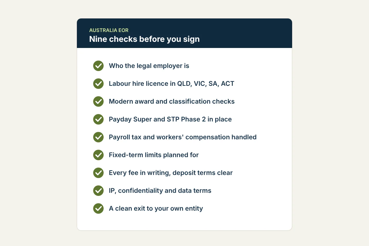 Checklist of nine checks to make before choosing an employer of record provider in Australia, including labour hire licensing and Payday Super