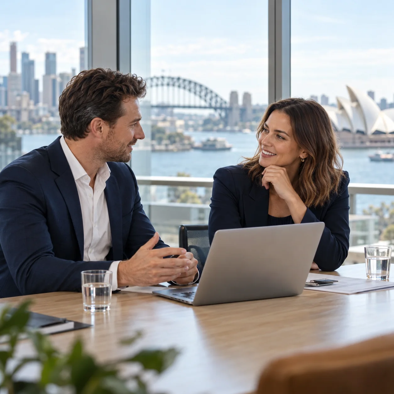 Two professionals discussing a hiring plan in a Sydney office overlooking the harbour