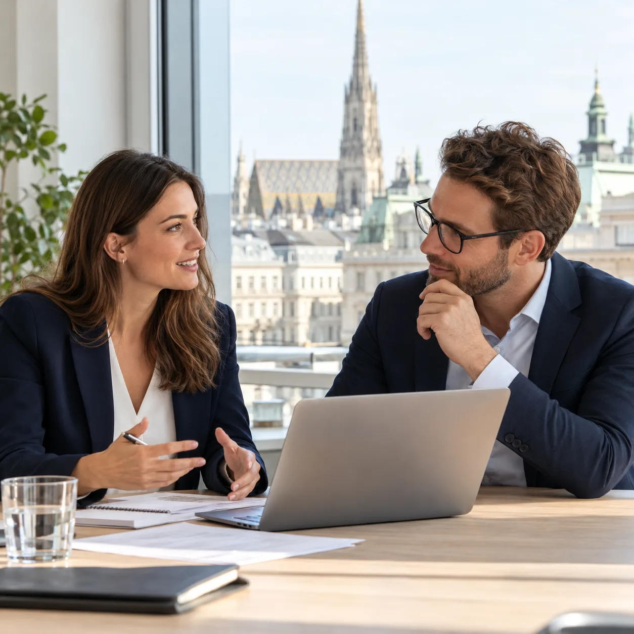 Two professionals discussing a hiring plan in a Vienna office