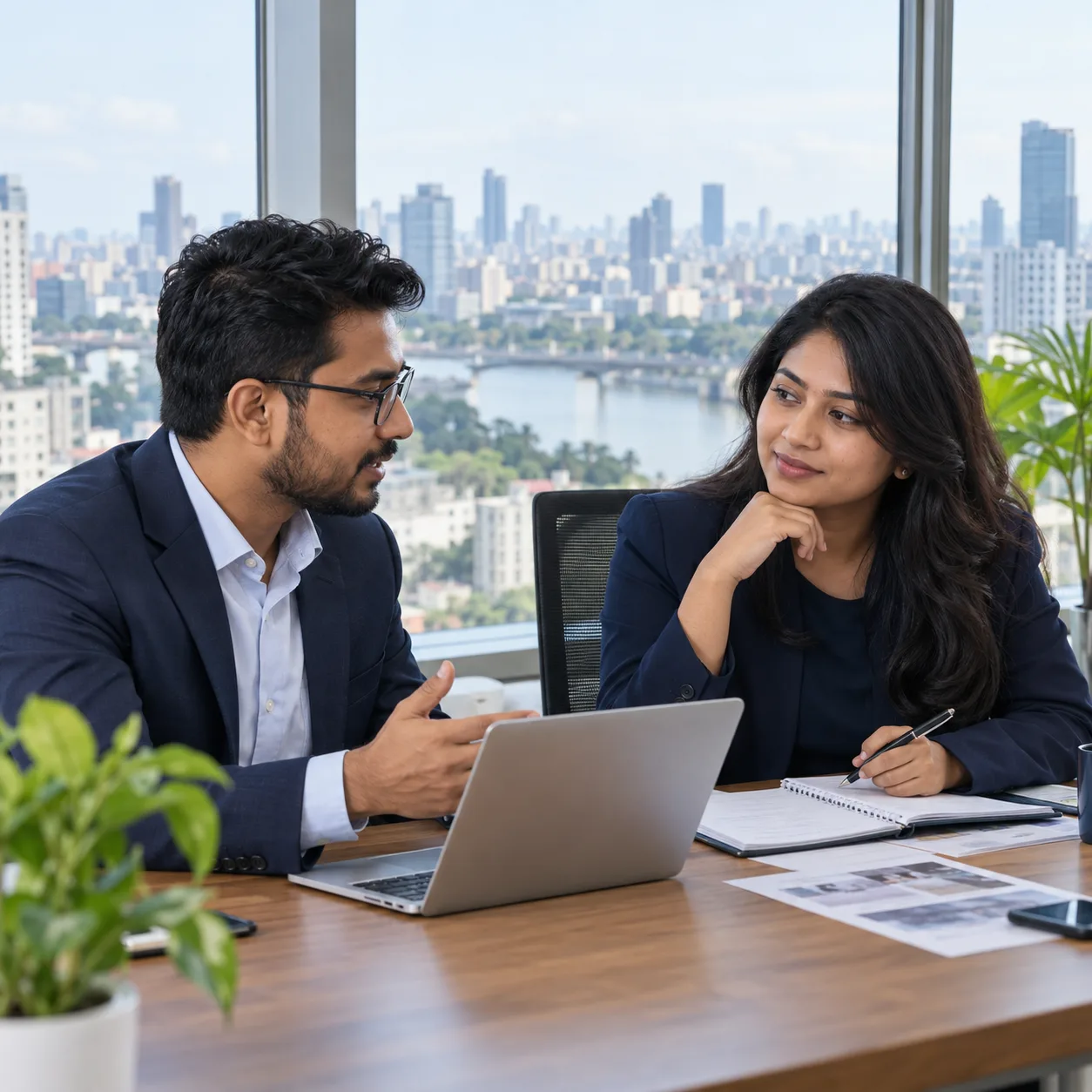 Two professionals discussing a hiring plan in a Dhaka office