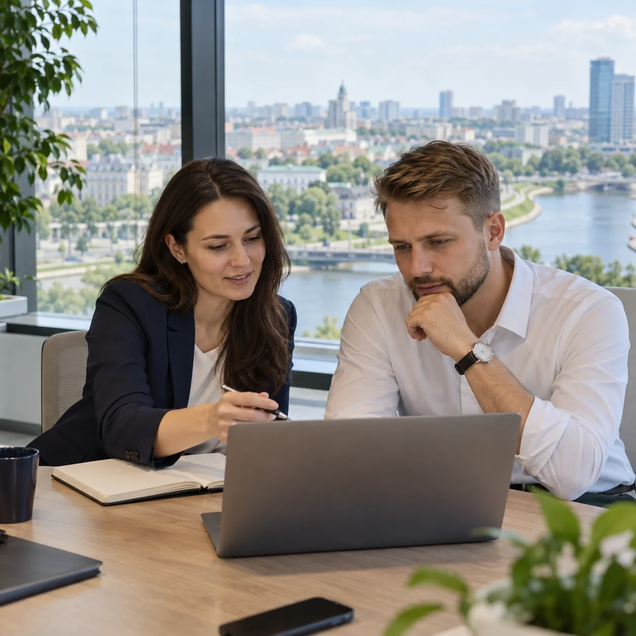Two professionals discussing a hiring plan in a Minsk office