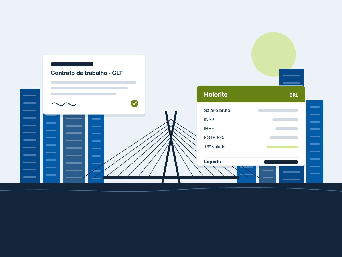 Illustrazione di San Paolo con la Ponte Estaiada, un contratto di lavoro CLT brasiliano e una busta paga in reais che mostra INSS, IRRF, FGTS e la tredicesima mensilità