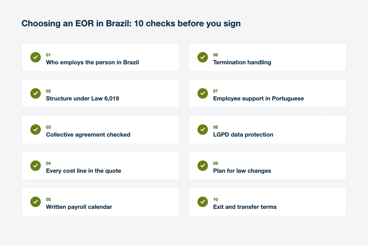 Checklist of ten checks to make before choosing an employer of record in Brazil