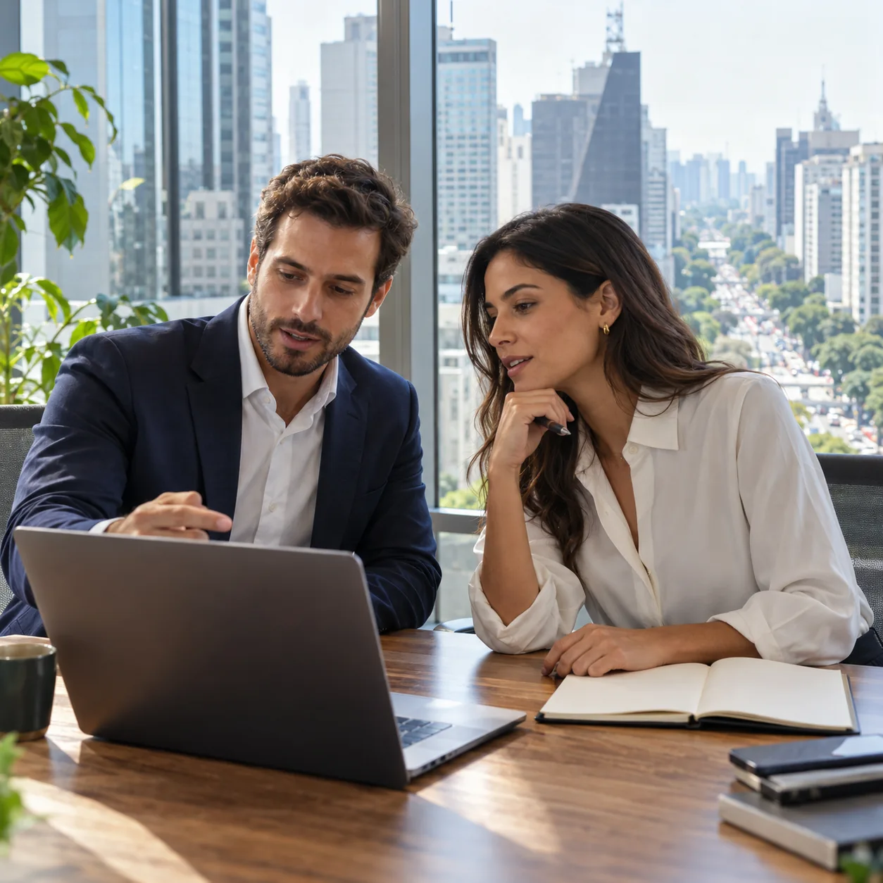 Two professionals discussing a hiring plan in a São Paulo office