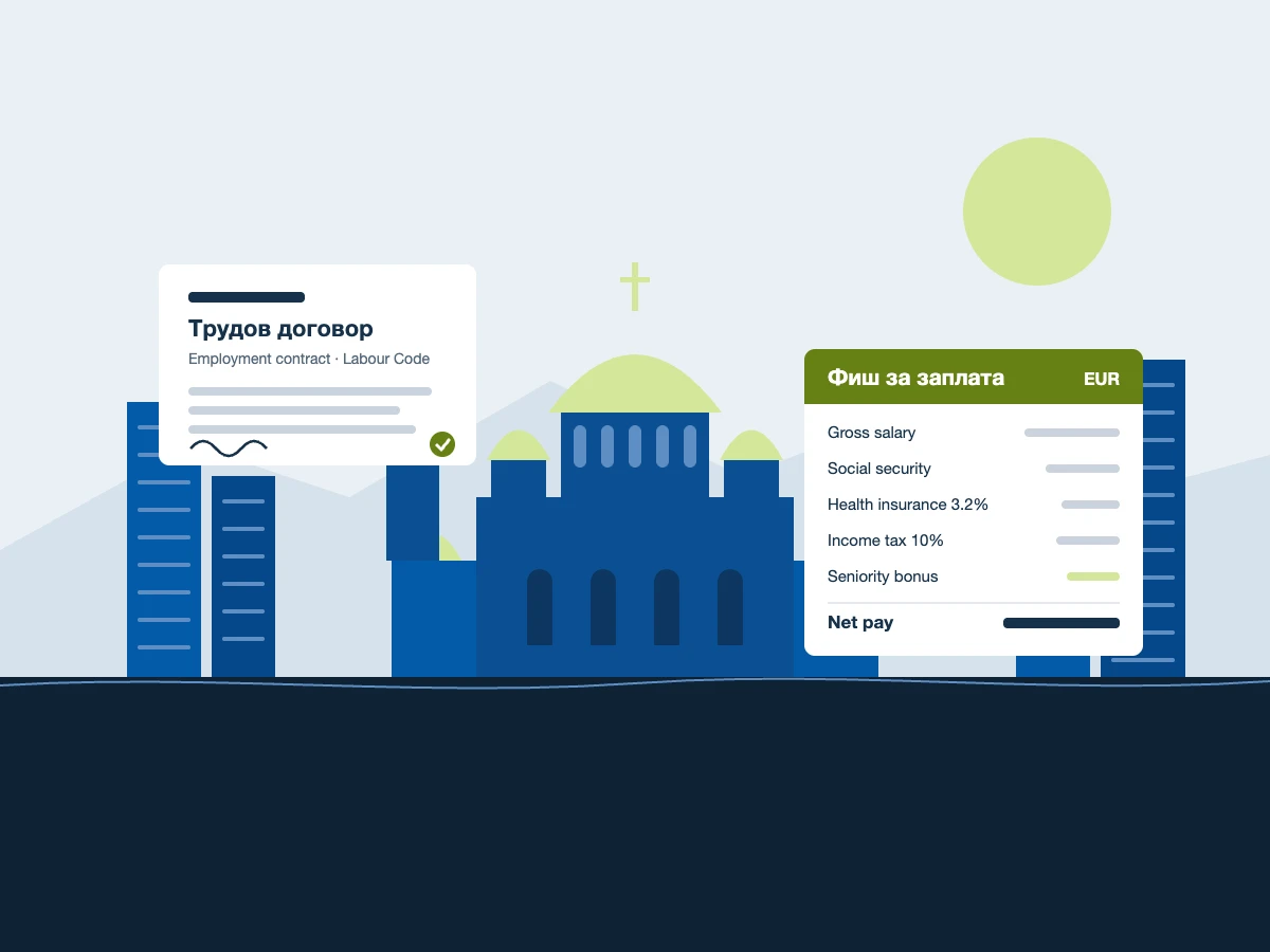 Illustrazione di Sofia con la Cattedrale di Alexander Nevsky e il monte Vitosha, un contratto di lavoro bulgaro e una busta paga in euro che mostra la previdenza sociale, l'assicurazione sanitaria e il 10% di imposta sul reddito