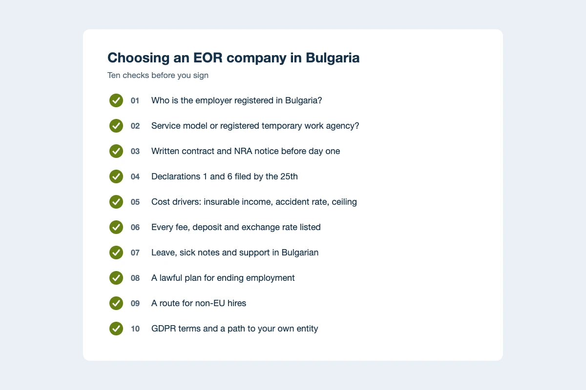 Checklist of ten checks for choosing an EOR company in Bulgaria, from the registered employer and contract model to NRA filings, costs, termination and data protection