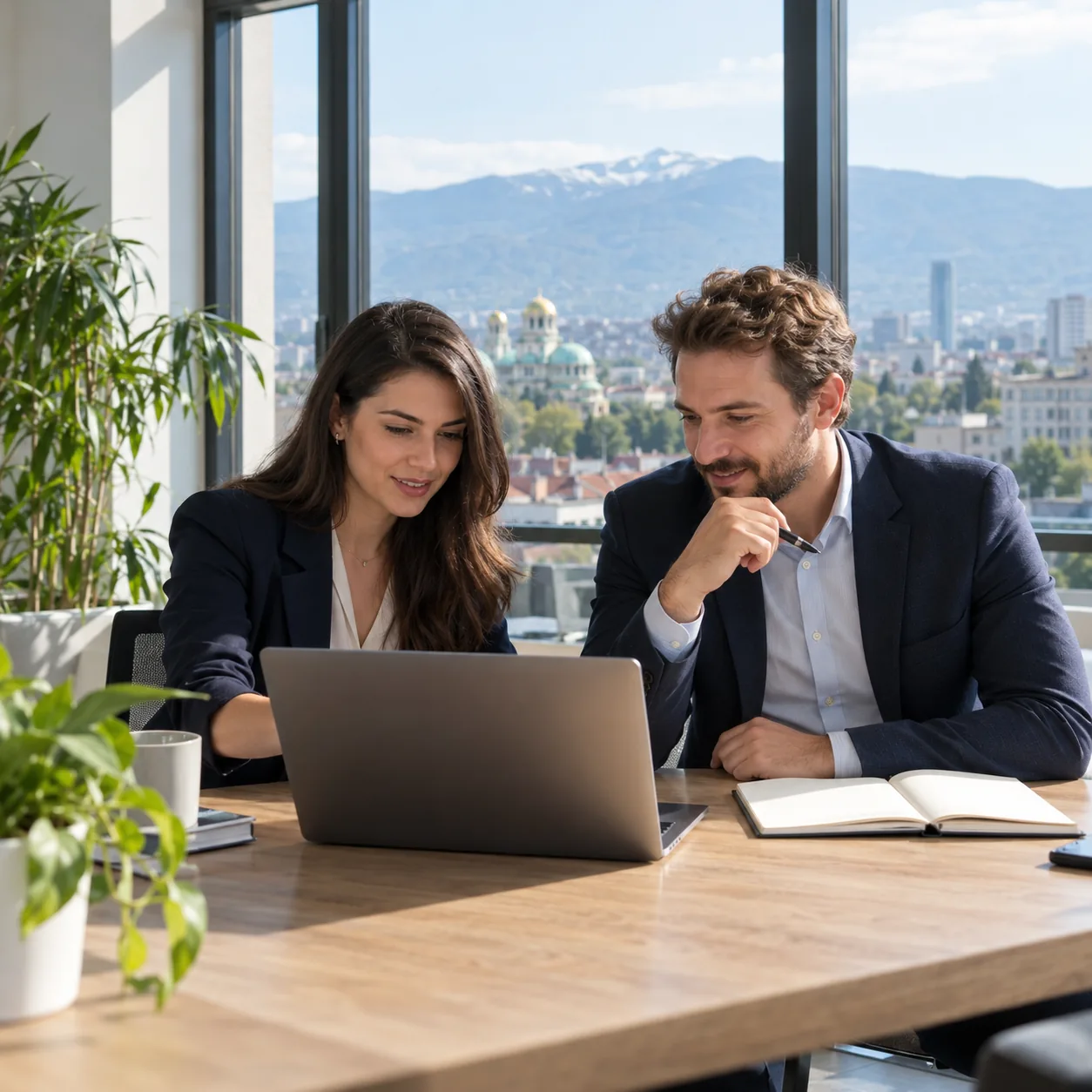 Two professionals discussing a hiring plan in a Sofia office