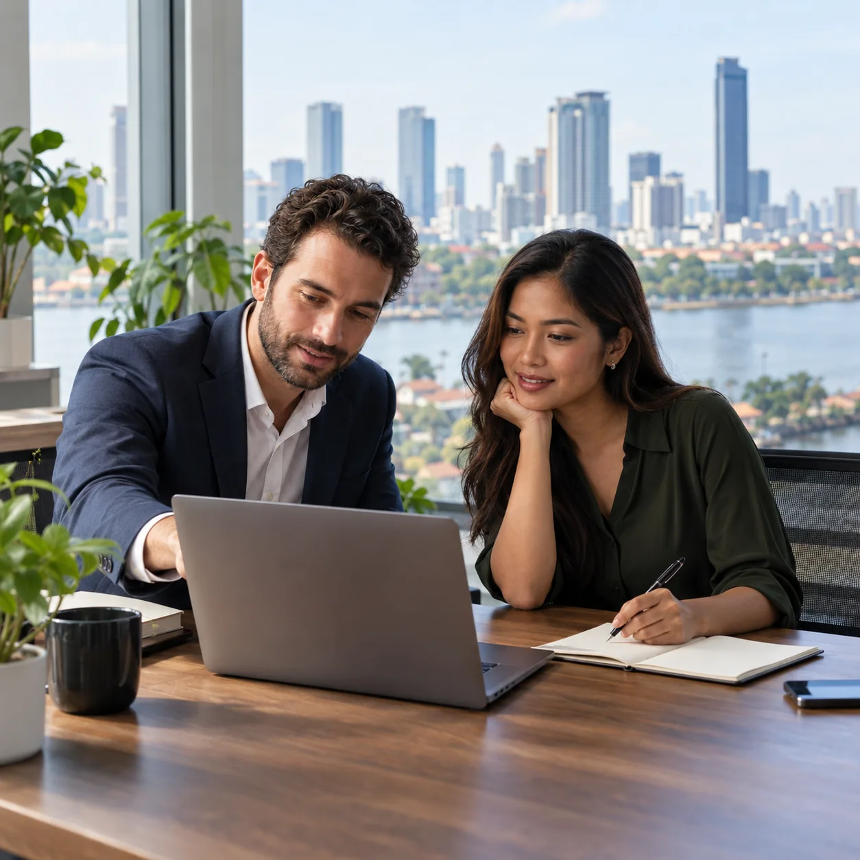 Two professionals discussing a hiring plan in a Phnom Penh office