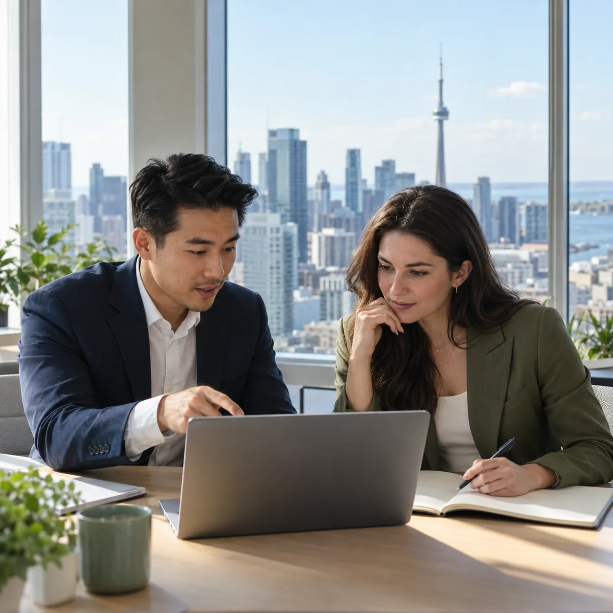 Two professionals discussing a hiring plan in a Toronto office