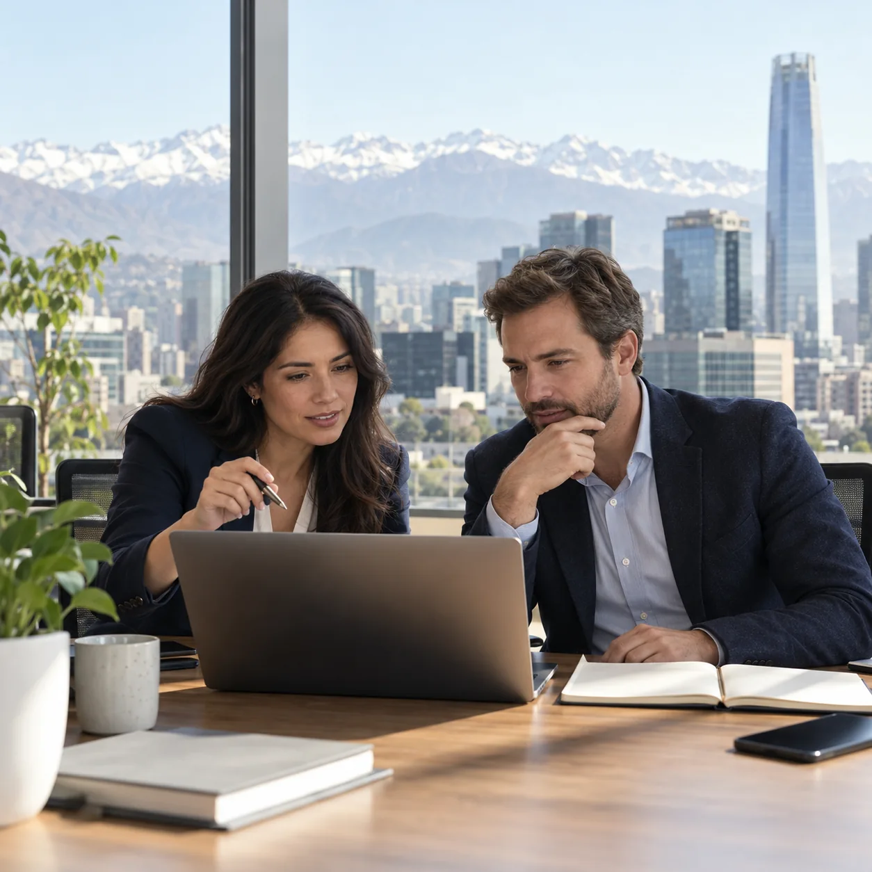 Two professionals discussing a hiring plan in a Santiago office