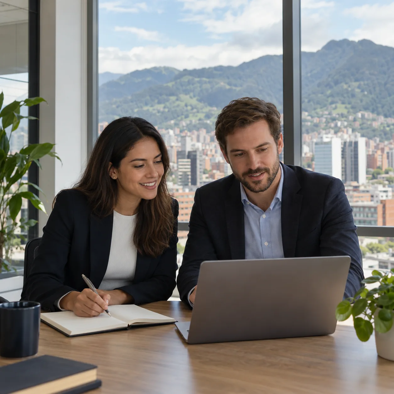 Two professionals discussing a hiring plan in a Bogotá office