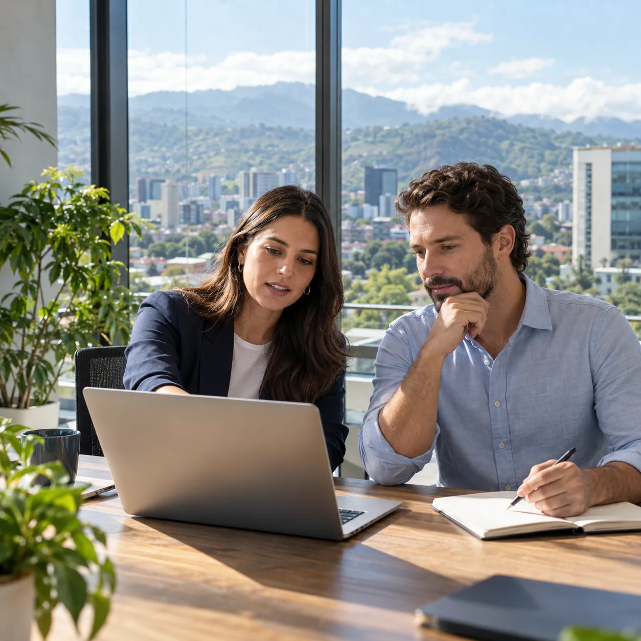 Two professionals discussing a hiring plan in a San José office
