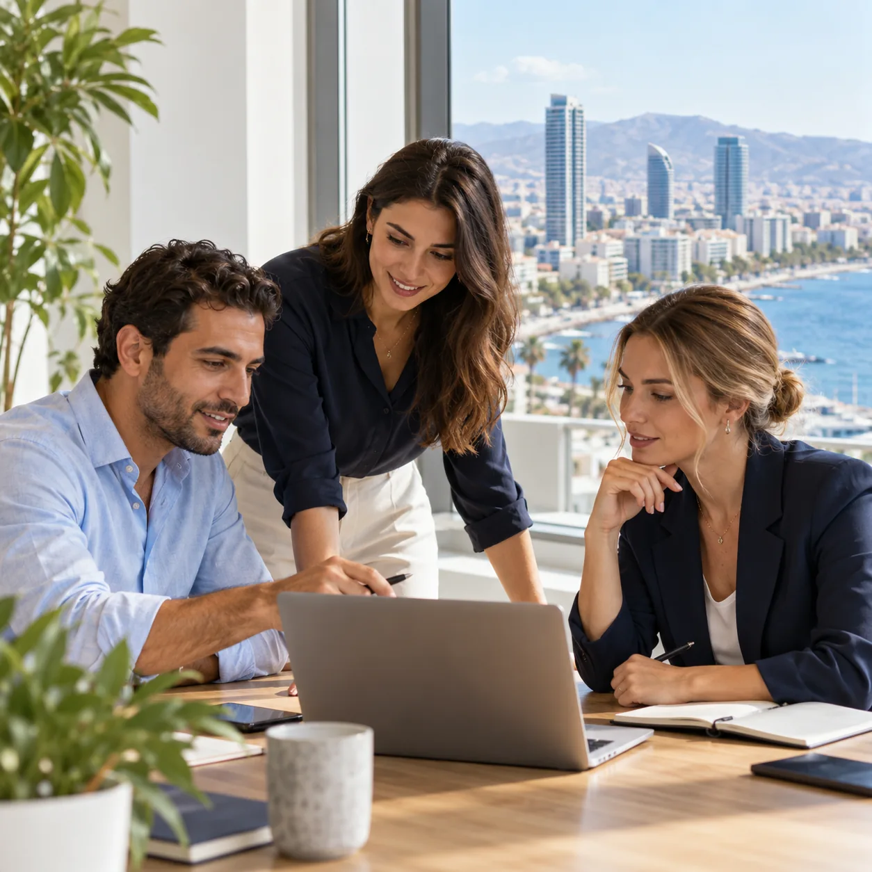 Three professionals discussing a hiring plan in a Limassol office