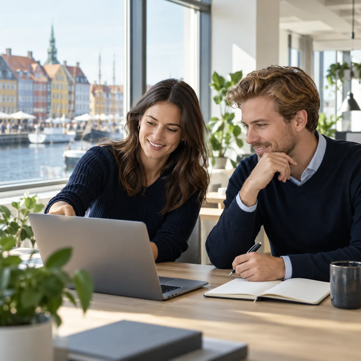 Two professionals discussing a hiring plan in a Copenhagen office