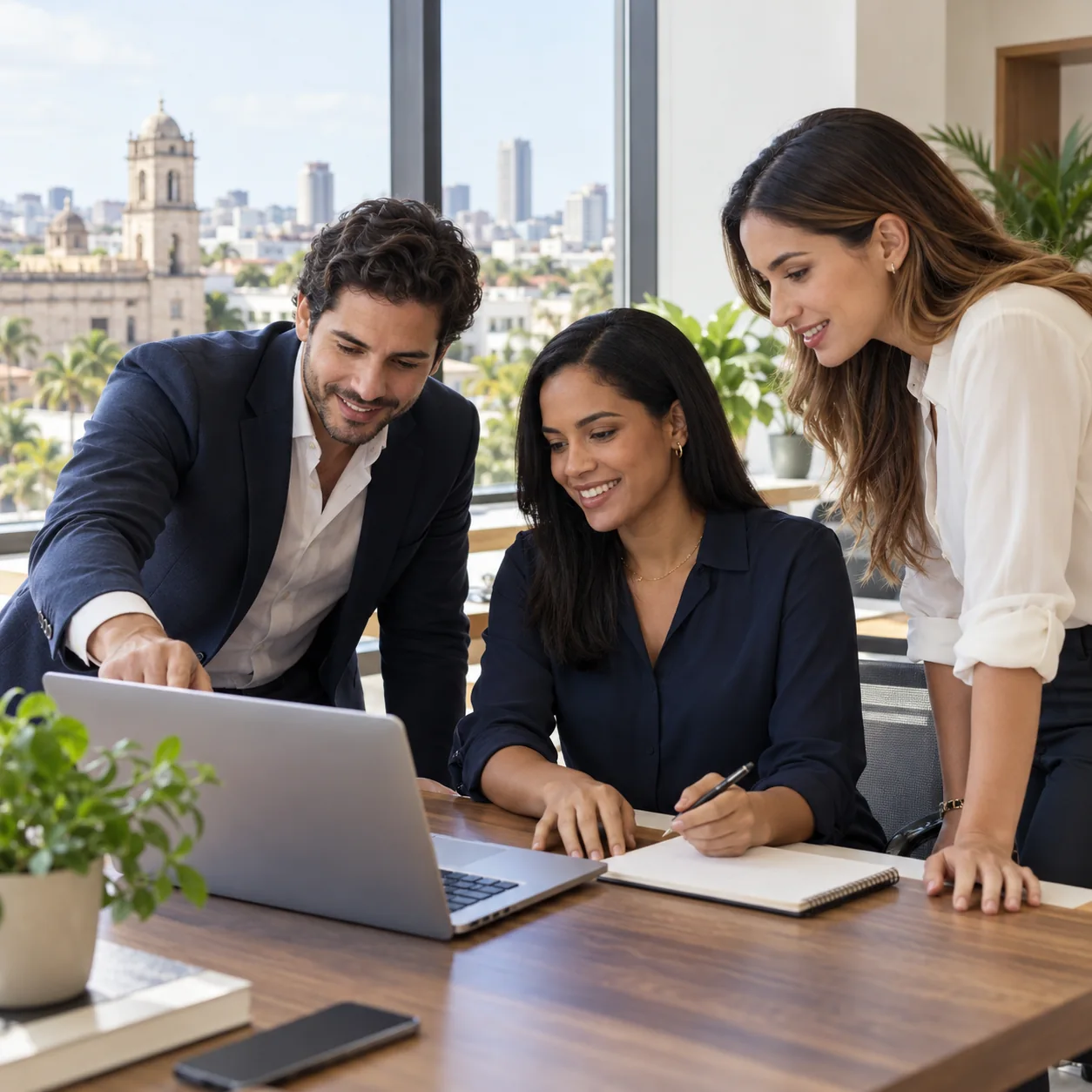 Three professionals discussing a hiring plan in a Santo Domingo office