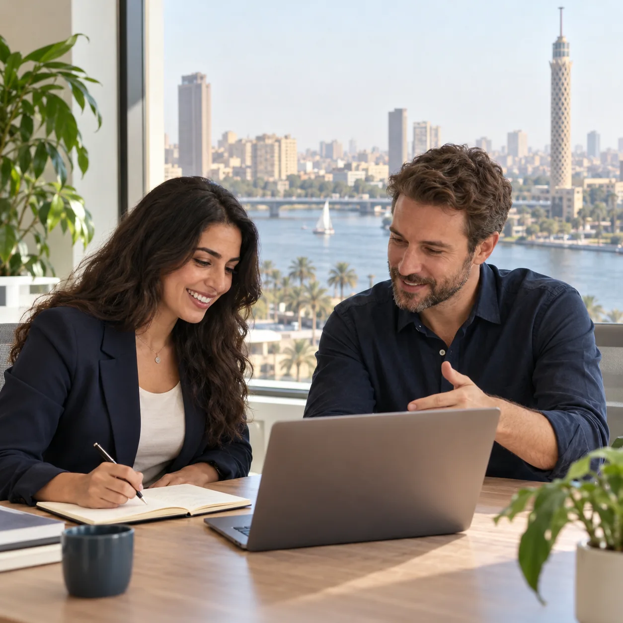 Two professionals discussing a hiring plan in a Cairo office
