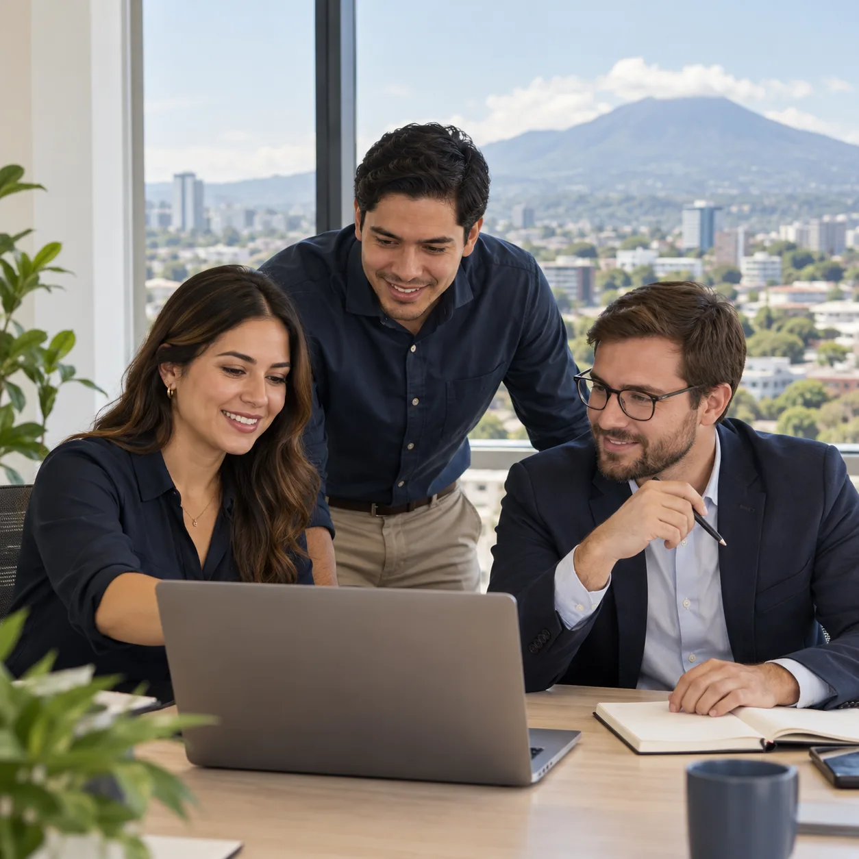 Three professionals discussing a hiring plan in a San Salvador office