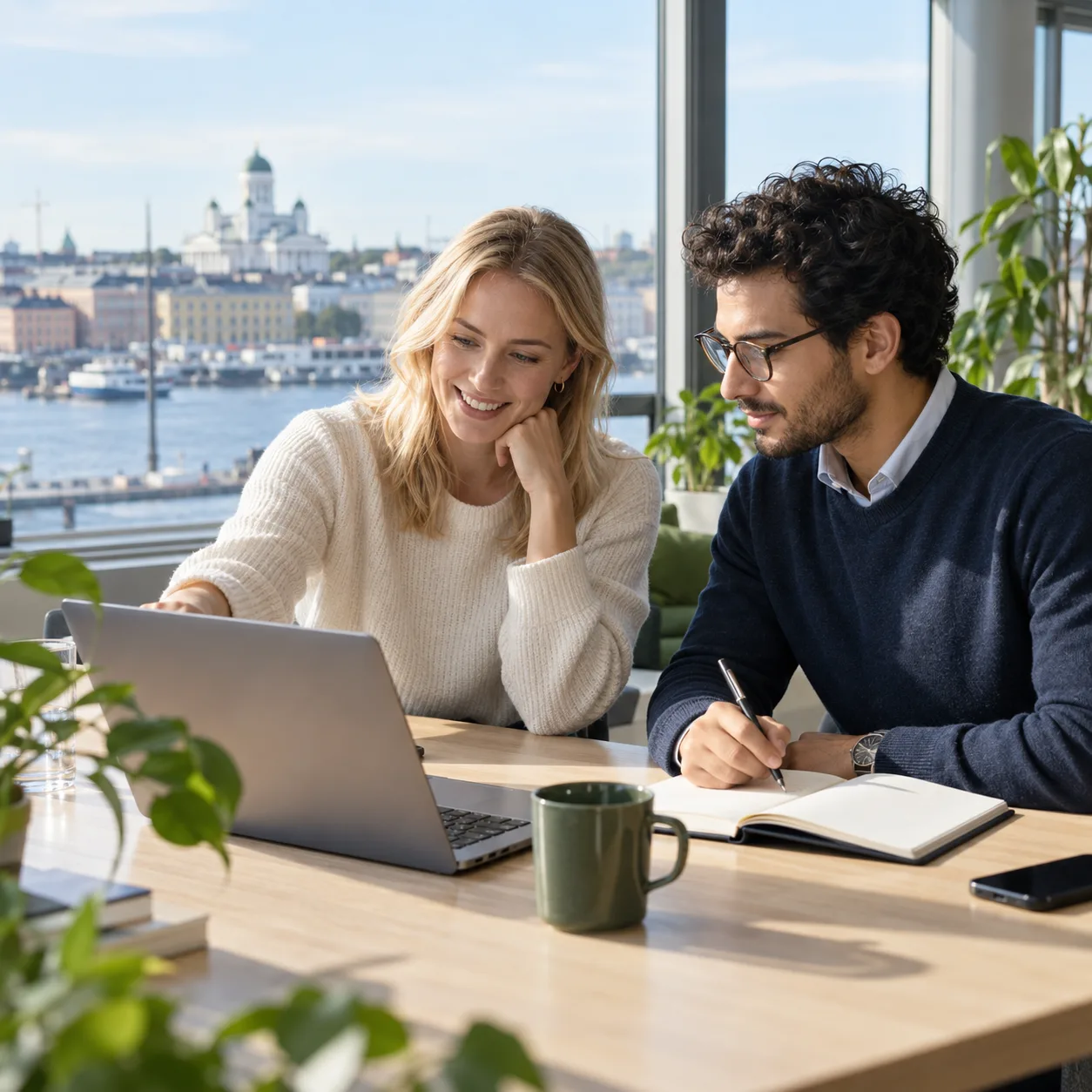 Two professionals discussing a hiring plan in a Helsinki office