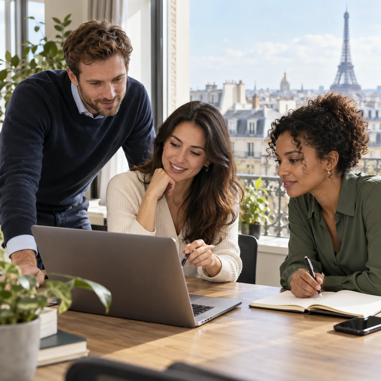 Three professionals discussing a hiring plan in a Paris office