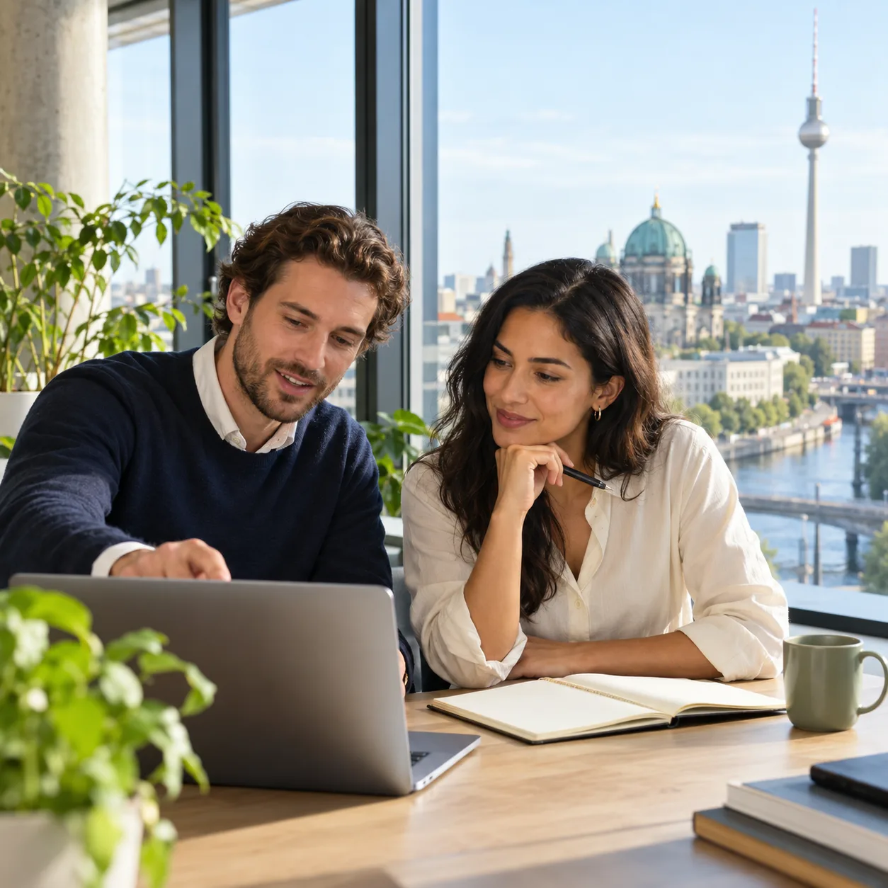 Two professionals discussing a hiring plan in a Berlin office