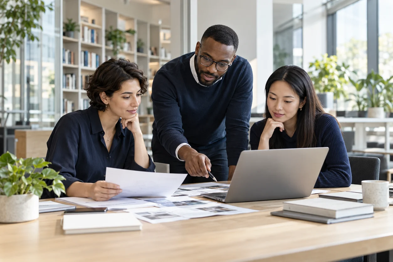 Three professionals reviewing planning documents and a laptop in an office library