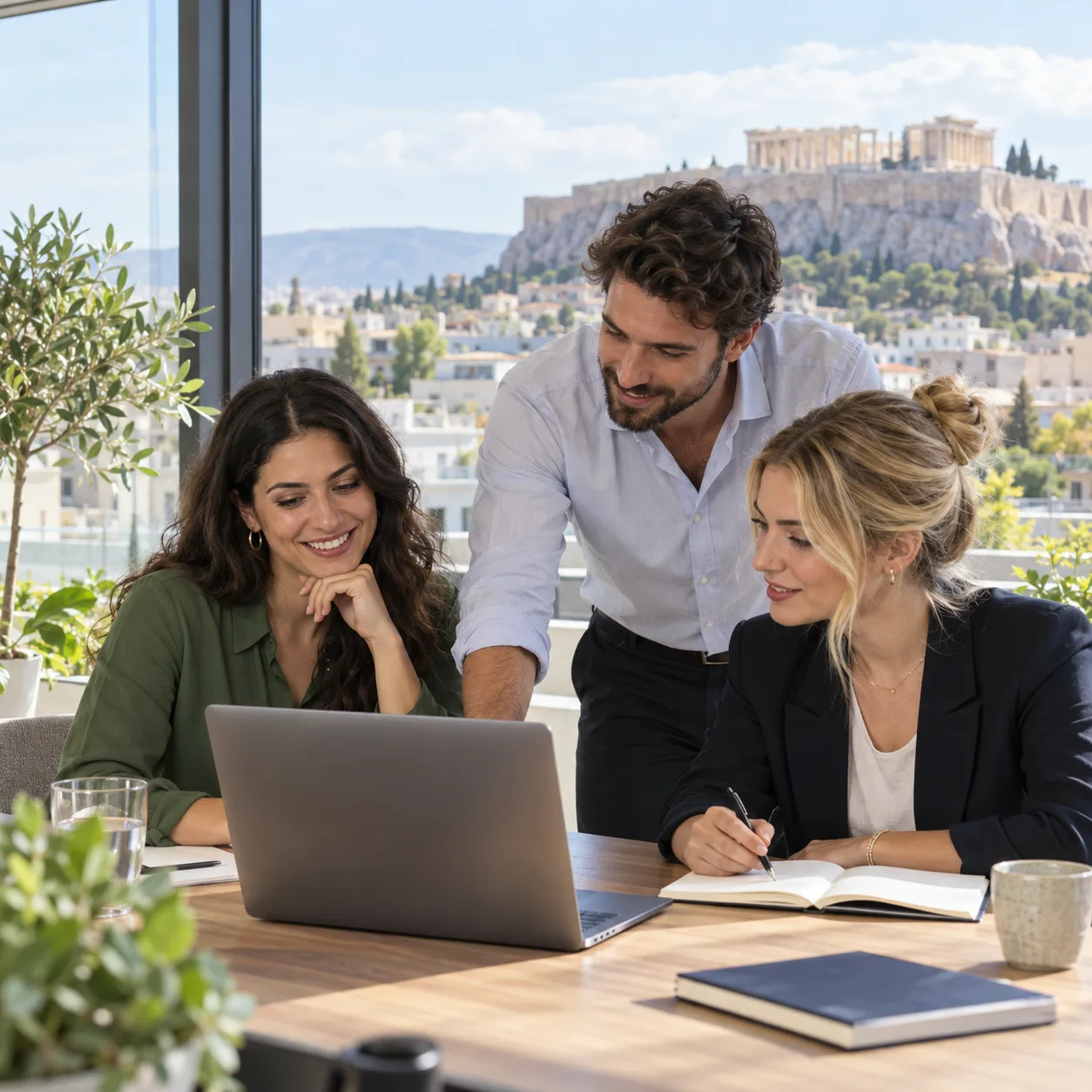 Three professionals discussing a hiring plan in an office in Athens