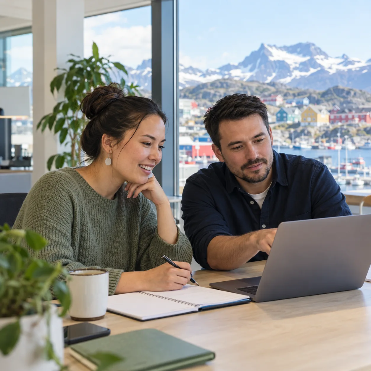 Two professionals discussing a hiring plan in a Nuuk office