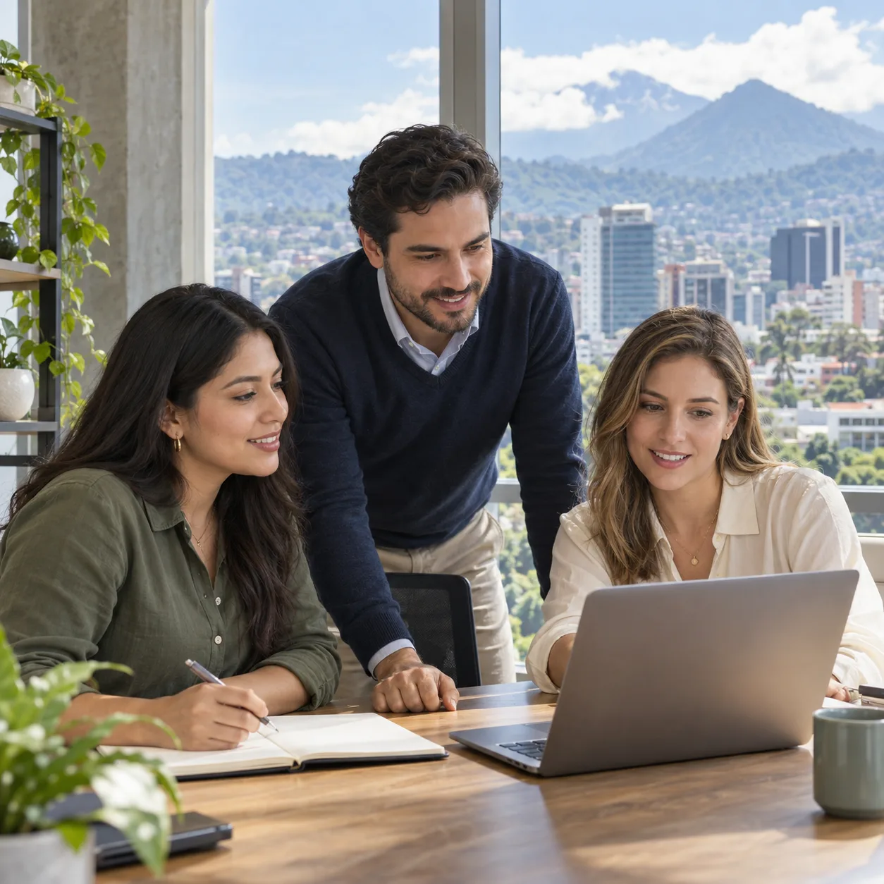 Three professionals discussing a hiring plan in a Guatemala City office