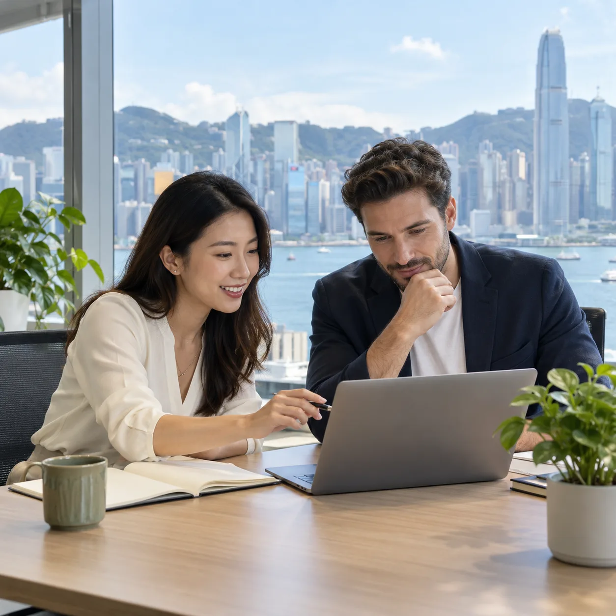 Two professionals discussing a hiring plan in a Hong Kong office