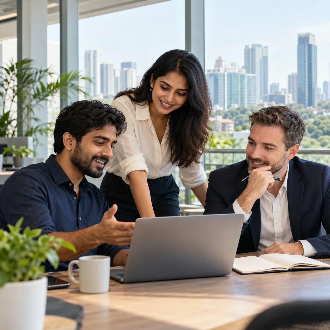 Three professionals discussing a hiring plan in an office in Bengaluru