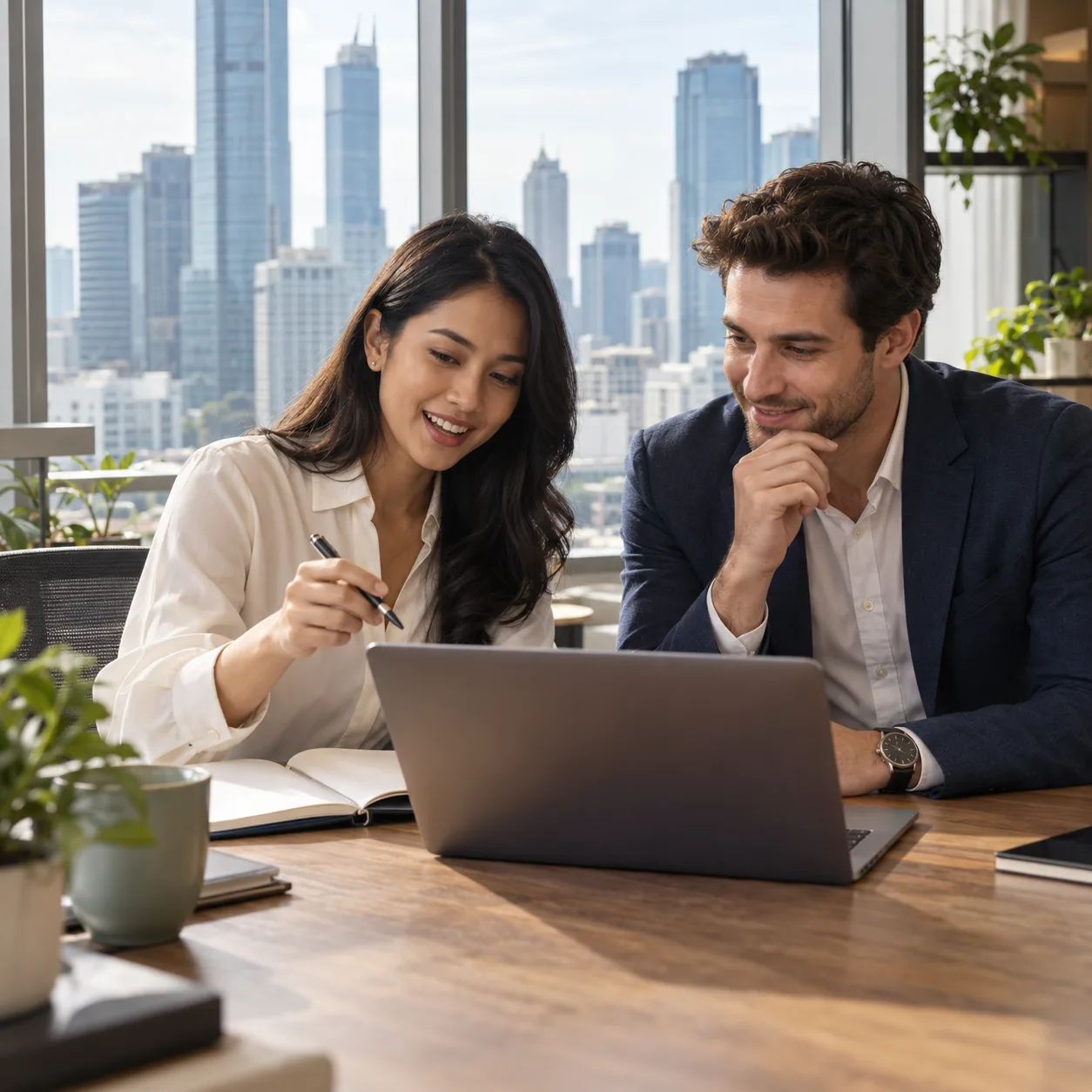 Two professionals discussing a hiring plan in an office in Jakarta