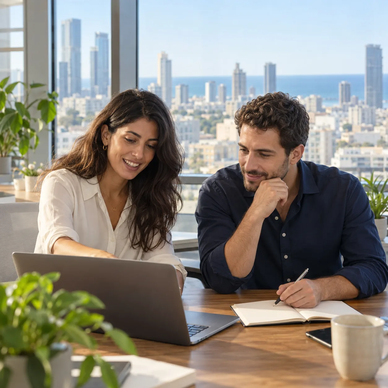 Two professionals discussing a hiring plan in an office in Tel Aviv