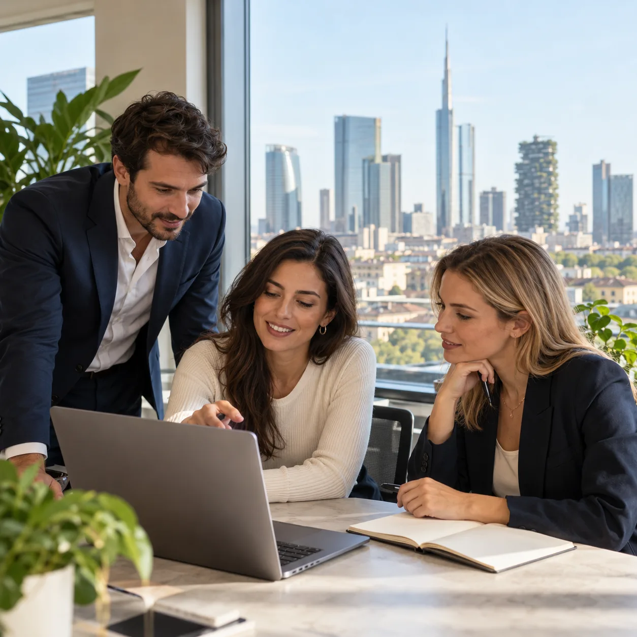 Three professionals discussing a hiring plan in an office in Milan