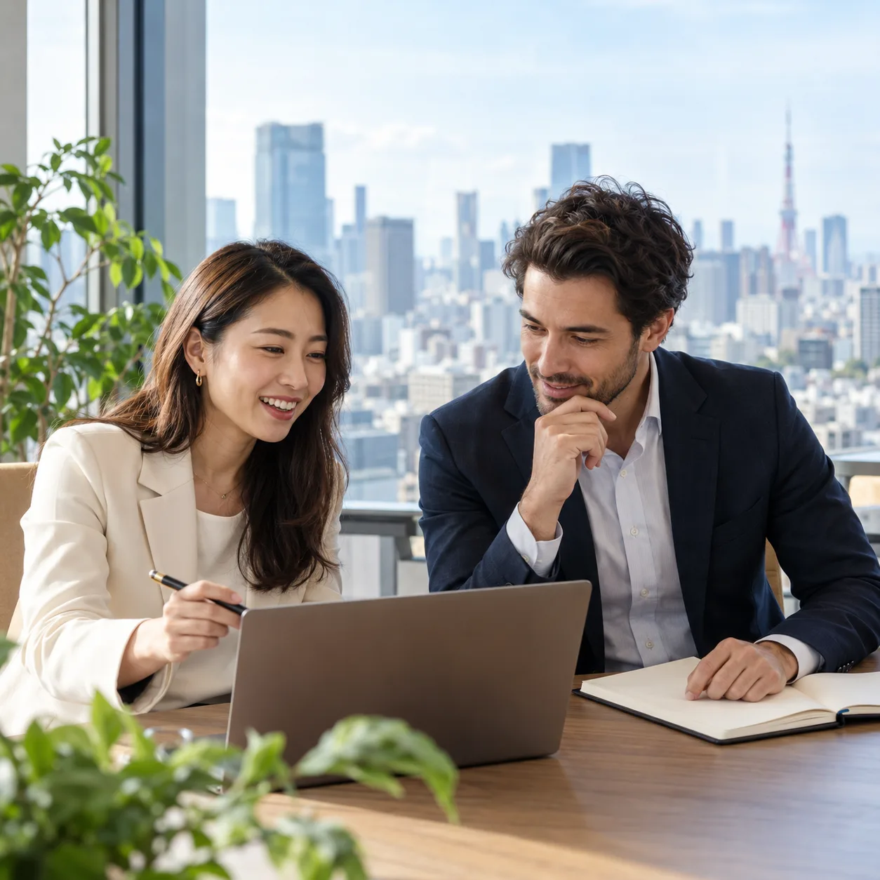 Two professionals discussing a hiring plan in an office in Tokyo