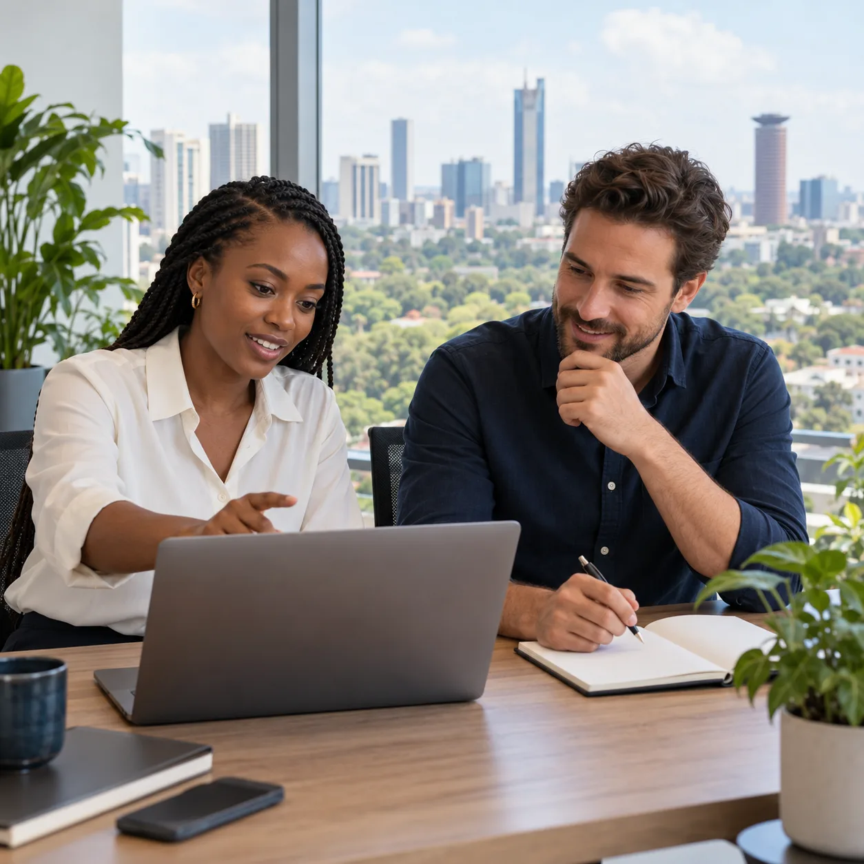Two professionals discussing a hiring plan in an office in Nairobi