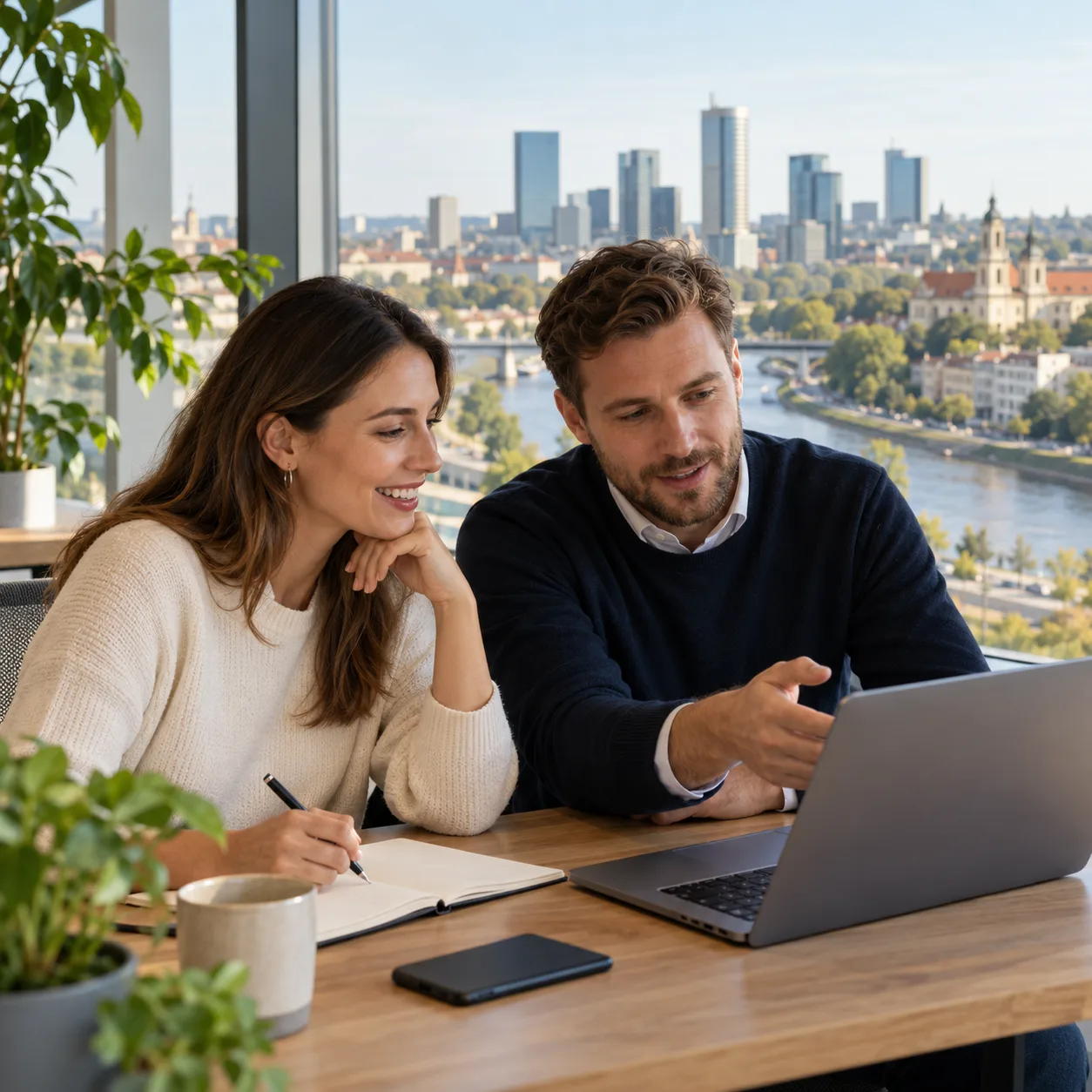 Two professionals discussing a hiring plan in an office in Vilnius
