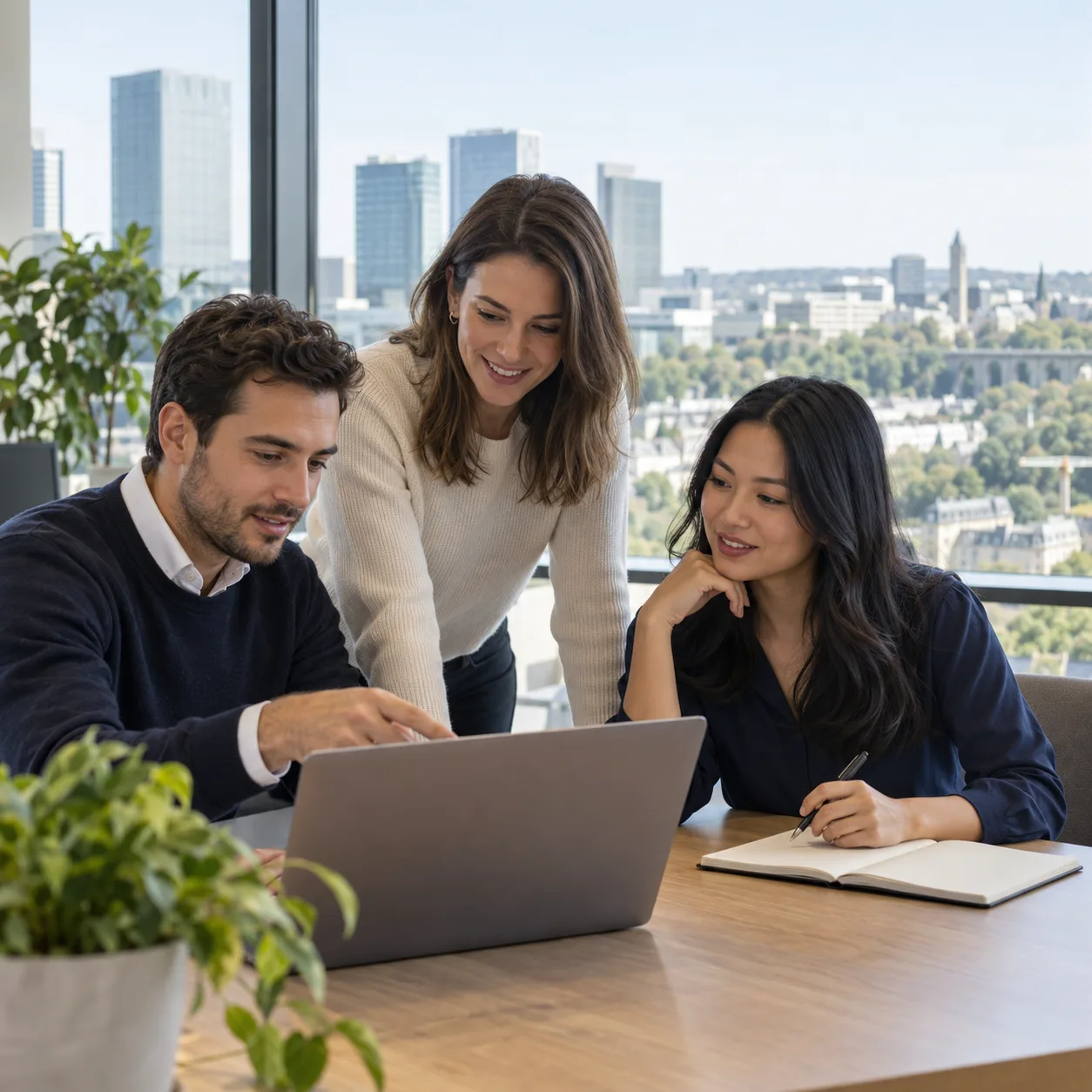 Three professionals discussing a hiring plan in an office in Luxembourg City