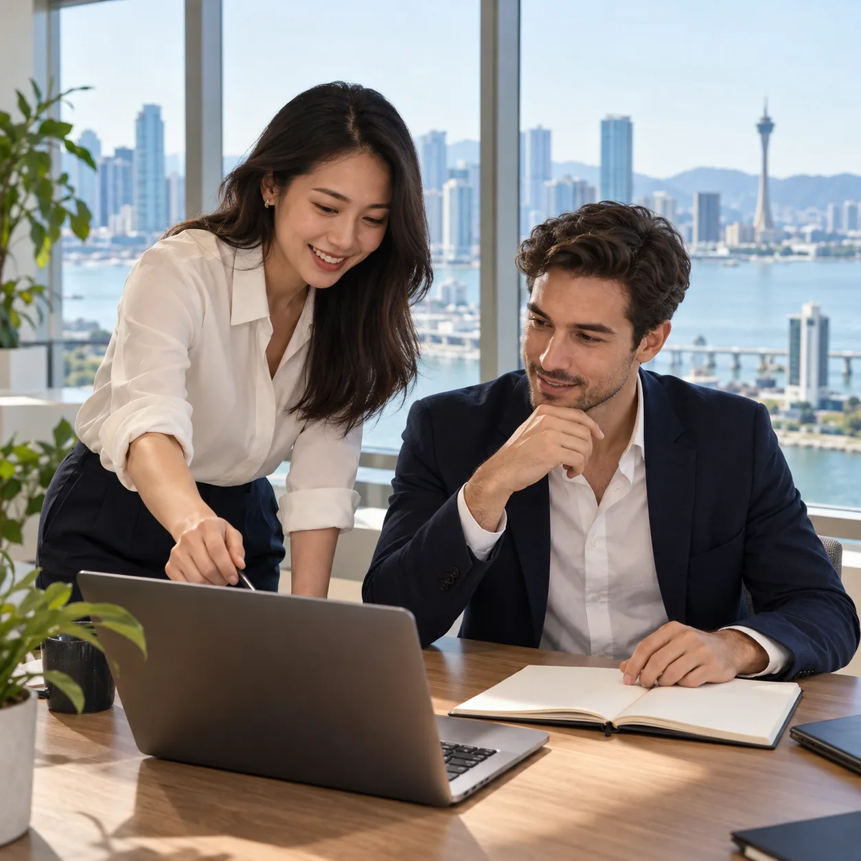 Two professionals discussing a hiring plan in an office in Macau