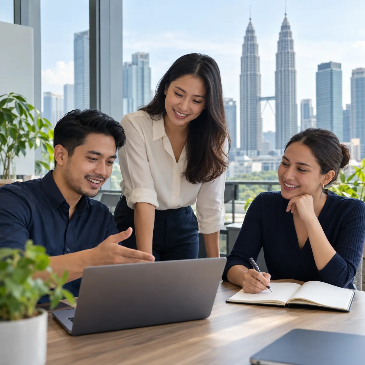 Three professionals discussing a hiring plan in an office in Kuala Lumpur