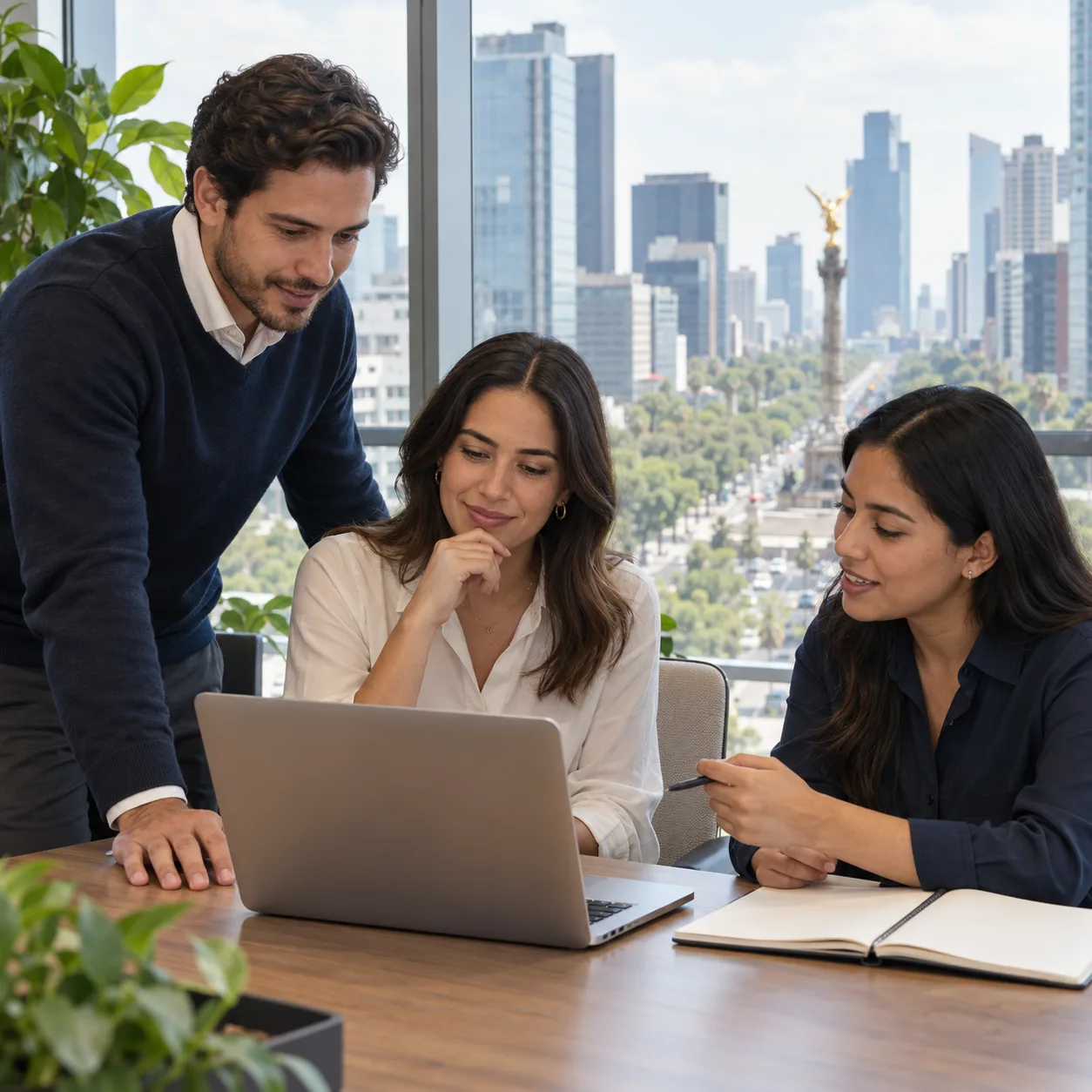 Three professionals discussing a hiring plan in an office in Mexico City