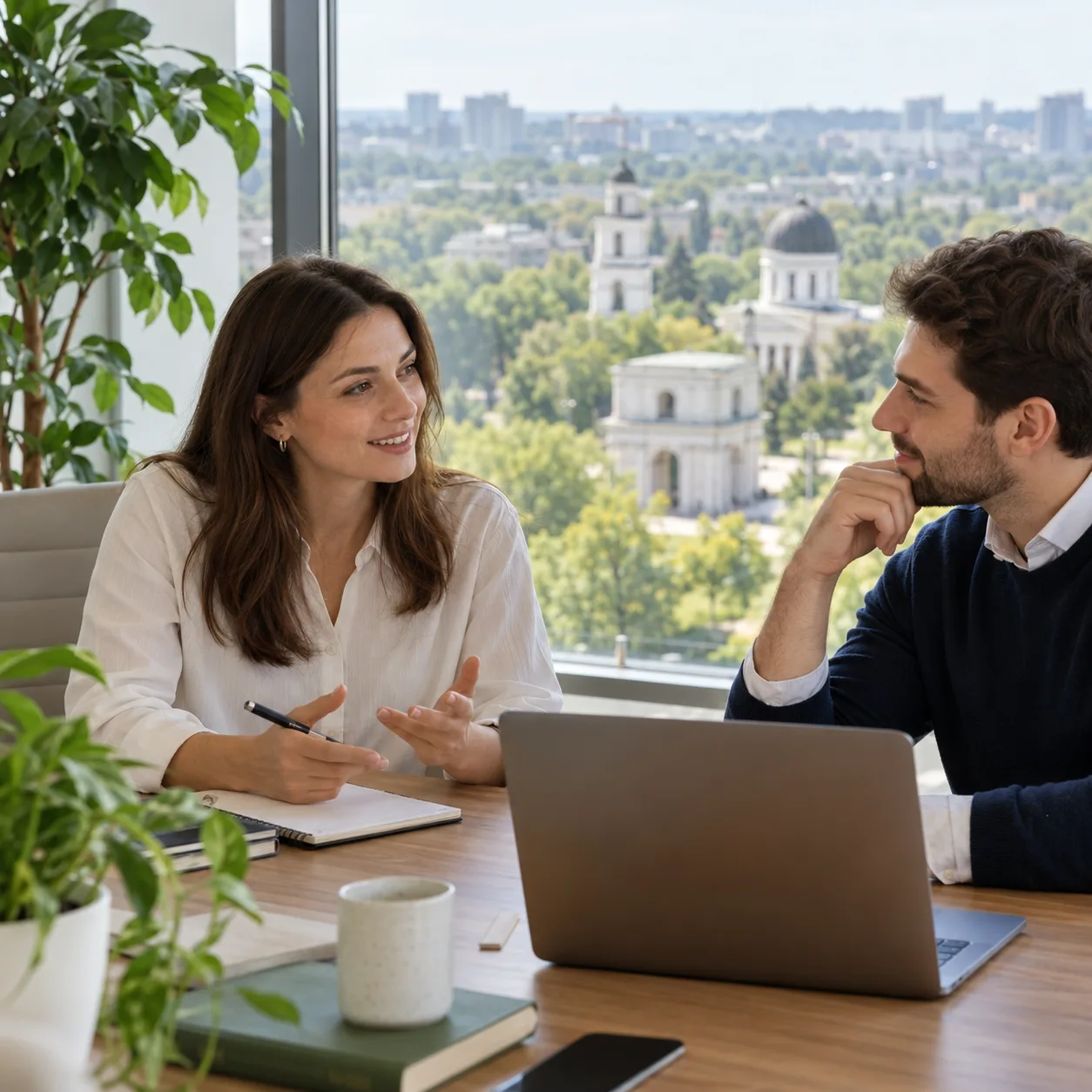 Two professionals discussing a hiring plan in an office in Chișinău