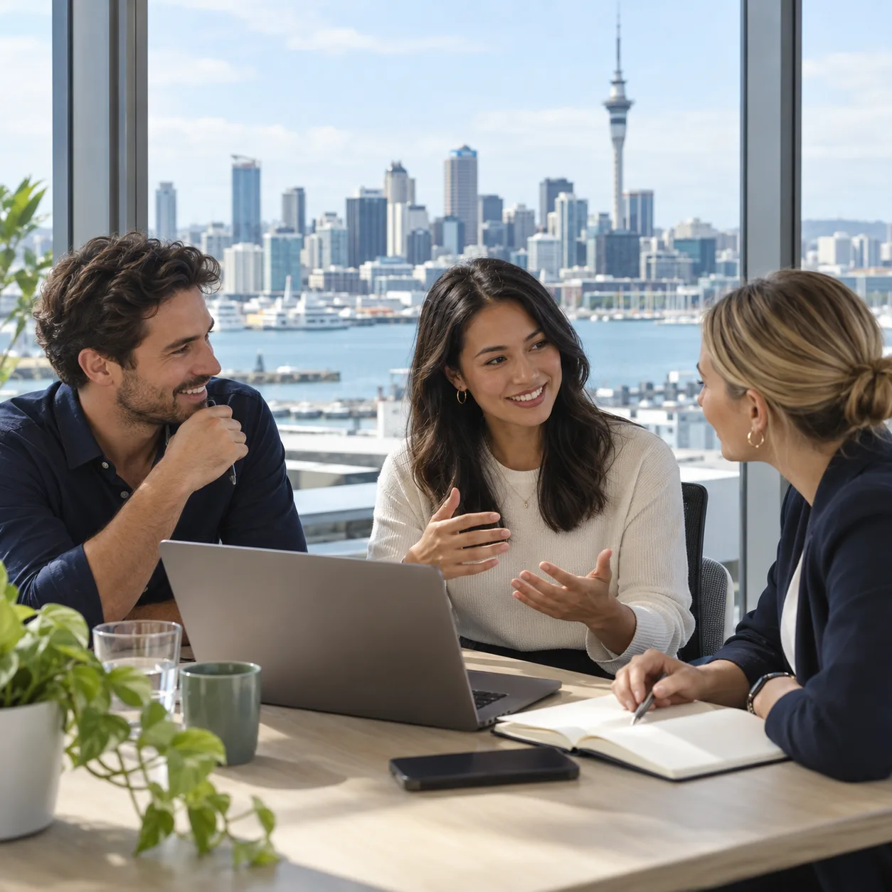 Three professionals discussing a hiring plan in an office in Auckland