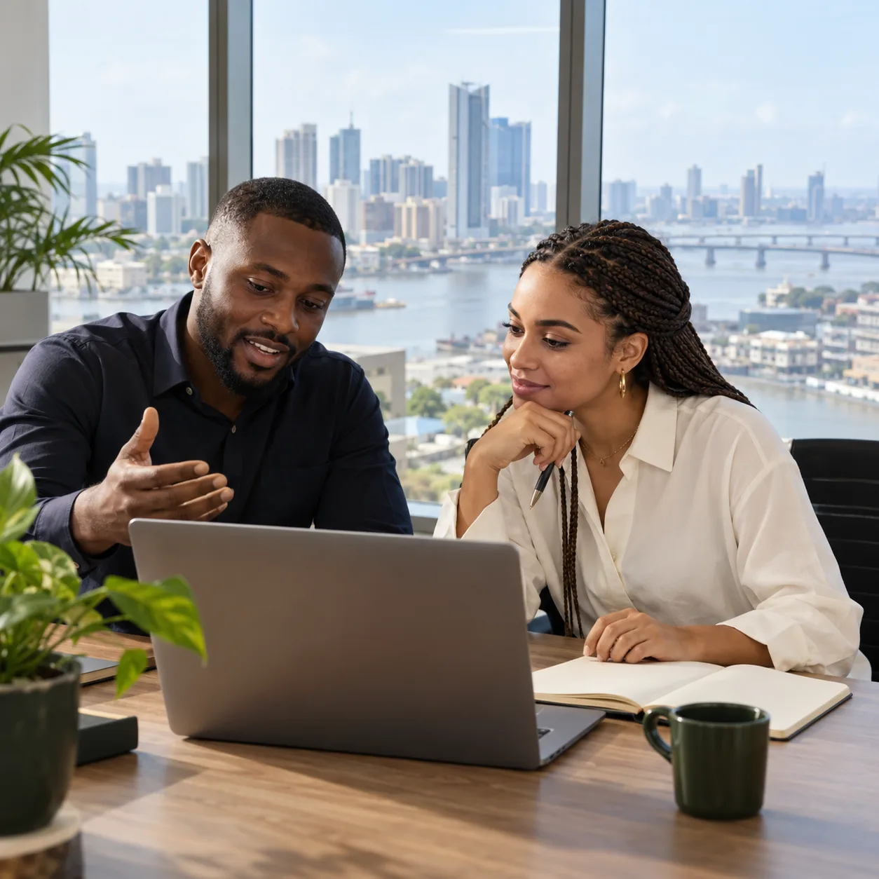 Two professionals discussing a hiring plan in an office in Lagos