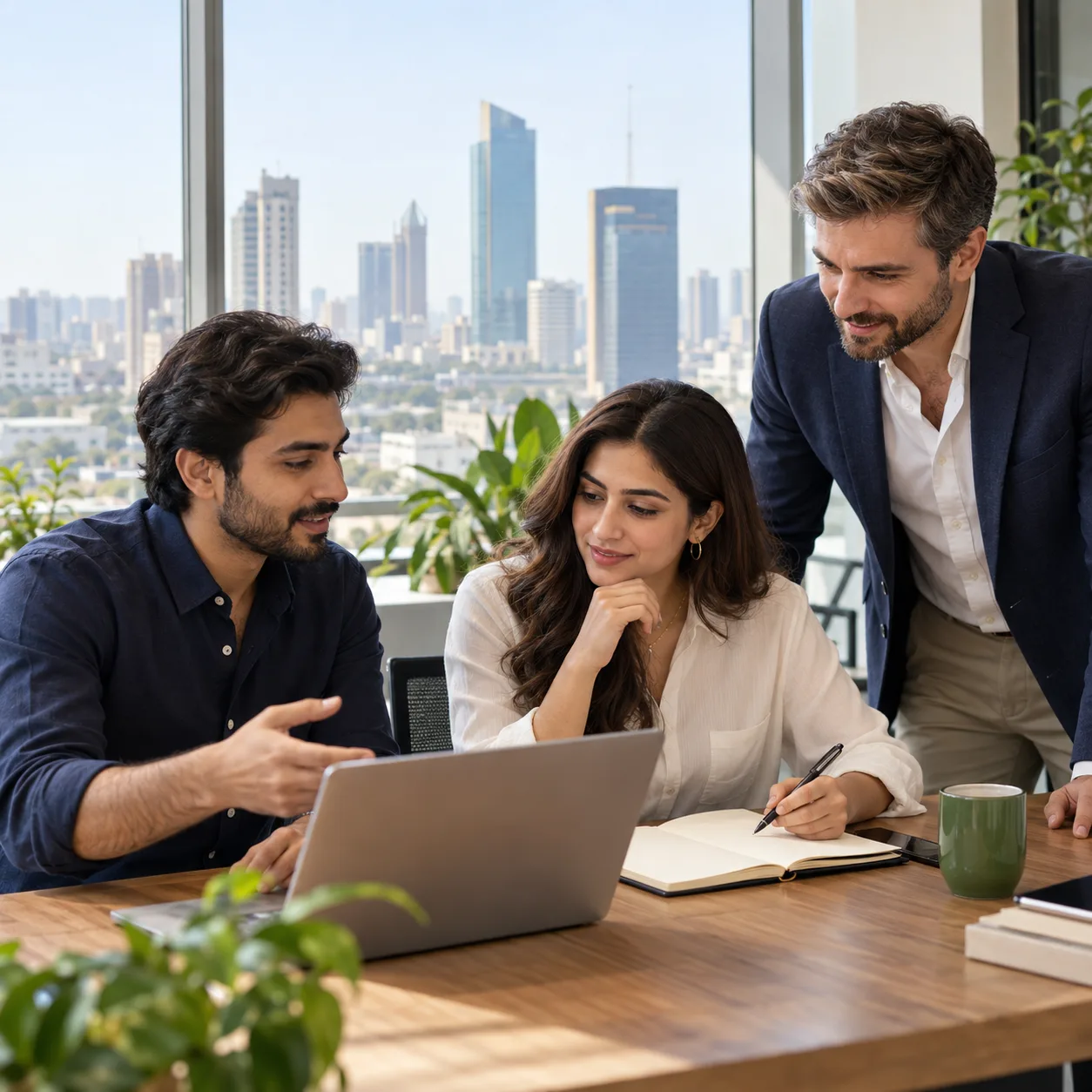 Three professionals discussing a hiring plan in an office in Karachi