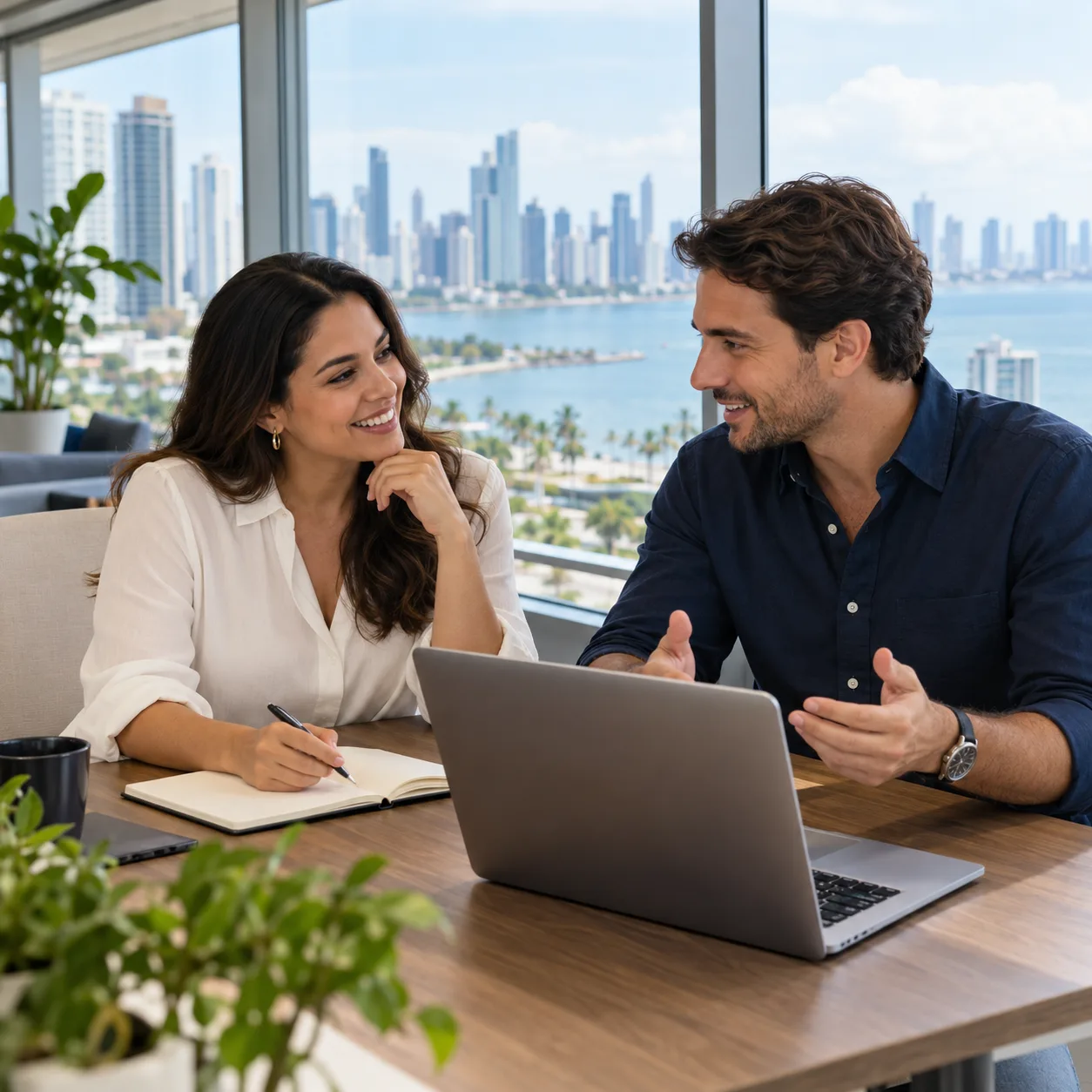 Two professionals discussing a hiring plan in an office in Panama City