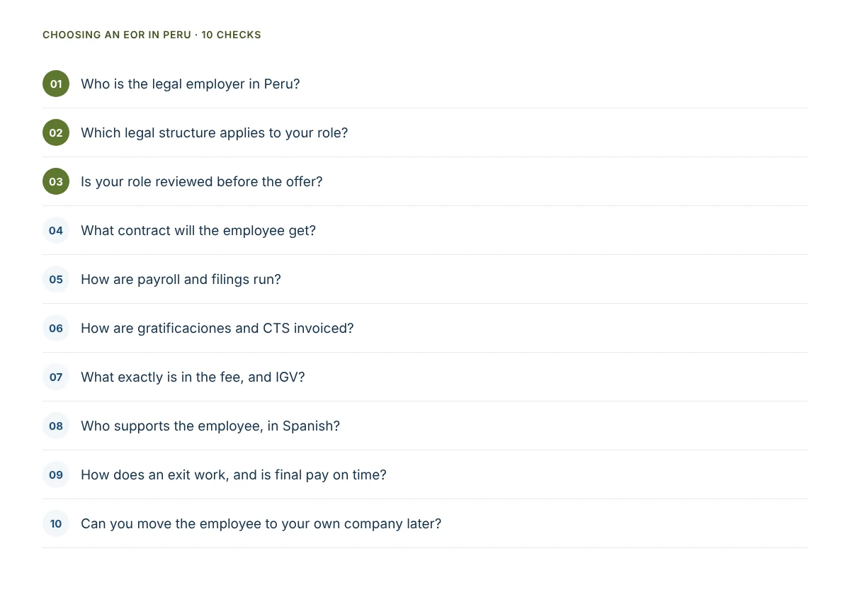 Checklist of ten questions to ask an employer of record provider in Peru, starting with who the legal employer is and which legal structure applies to the role