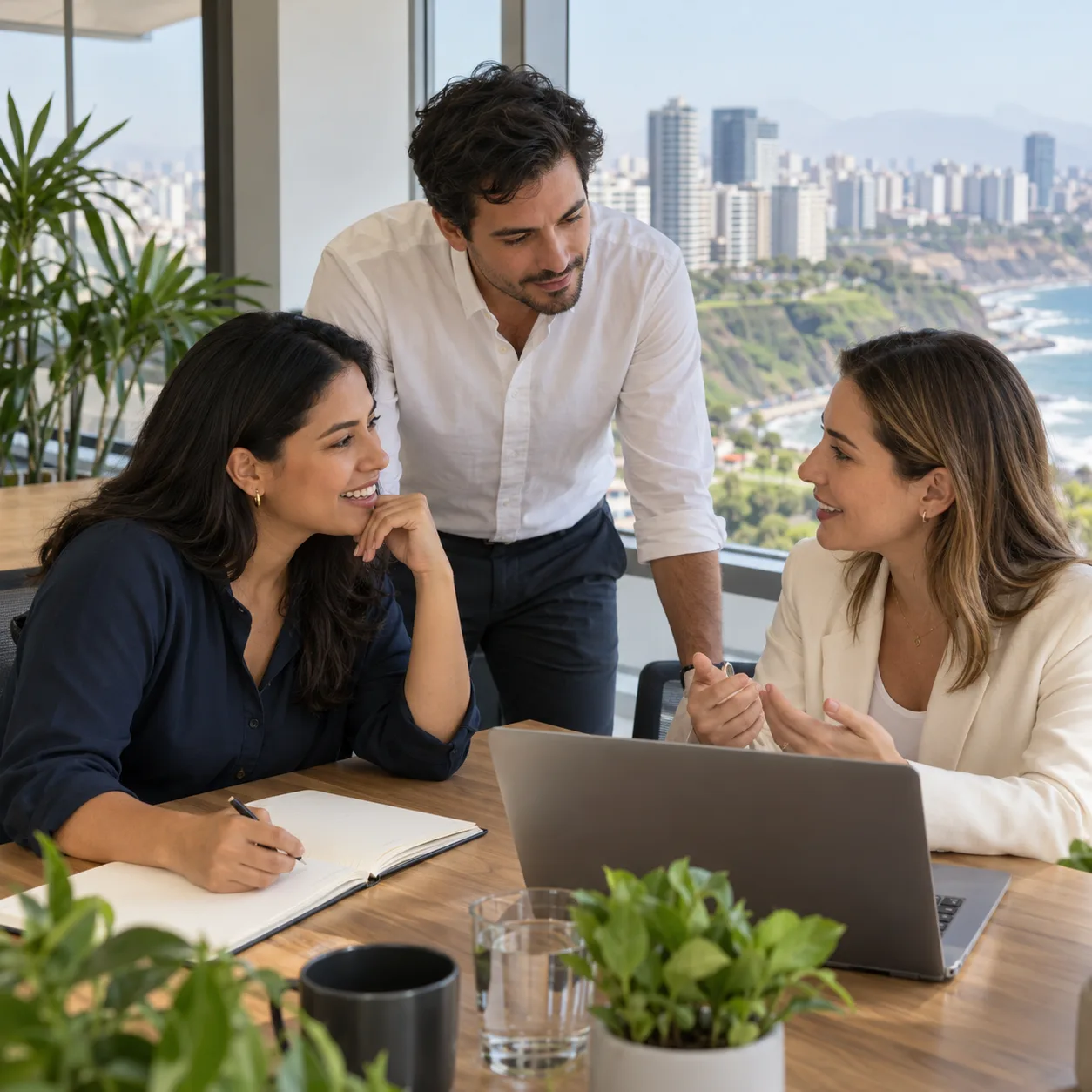 Three professionals discussing a hiring plan in an office in Lima