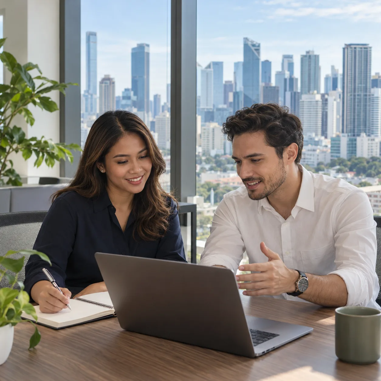 Two professionals discussing a hiring plan in an office in Manila